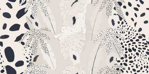 Modern abstract botanical print with leopards and polka dot. Black and white bohemian style contemporary seamless pattern. Hand drawn unique print. © MURRIRA