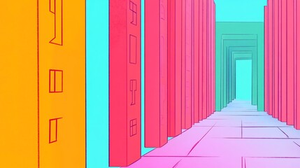 Fototapeta premium Vibrant Digital Painting: Geometric Cityscape Illusion, Boldly Colored Abstract Alleyway. AI Generated