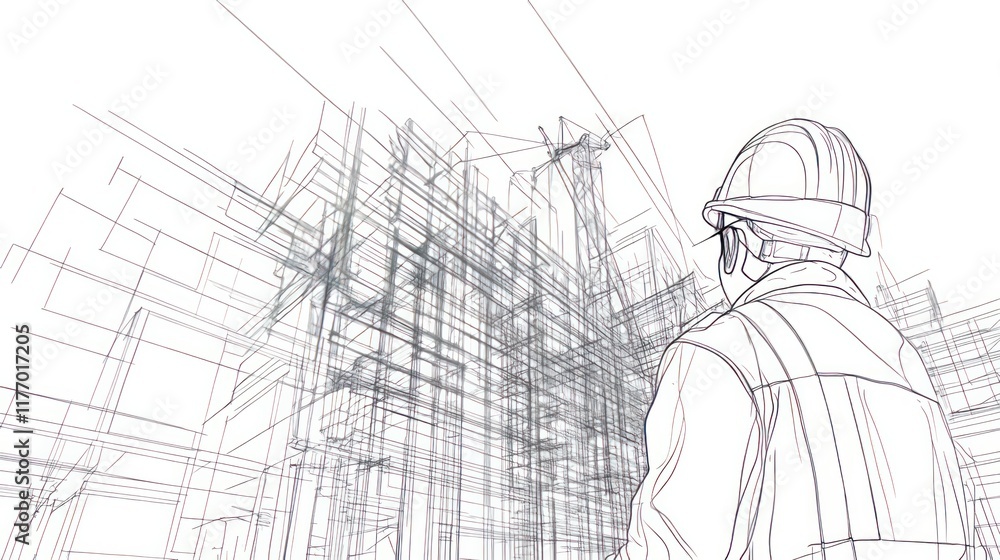 Poster vector illustration of continuous line drawing of an engineer supervising a building construction te
