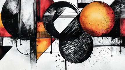 Abstract artwork with bold black circular and linear shapes, accented by vibrant splashes of red, yellow, and orange. Dynamic and textured. AI generative.