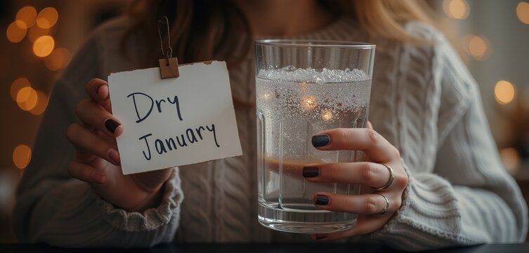 Woman holding glass of sparkling water for Dry January - Powered by Adobe