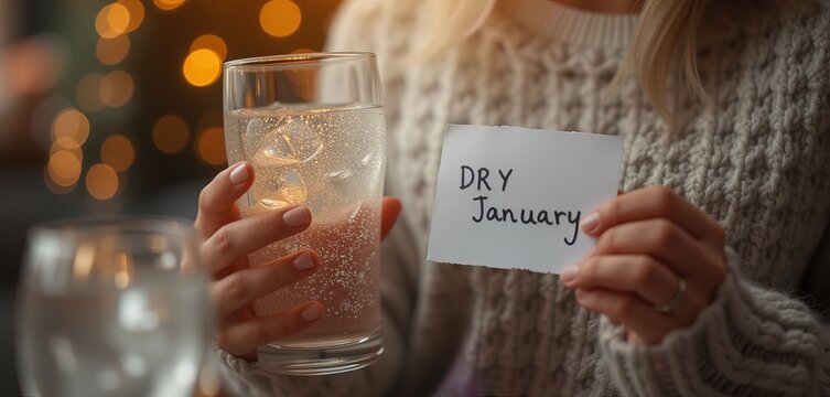 Woman holding glass of sparkling water for Dry January - Powered by Adobe