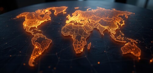 Glowing digital world map with orange illuminated continents