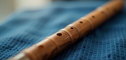 Wooden flute on blue fabric background