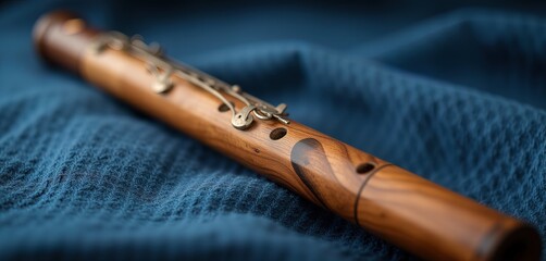 Fototapeta premium Wooden flute on blue fabric background