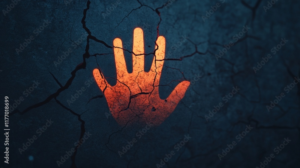 Poster interruption and resistance concept. handprint on cracked surface with a glowing effect.