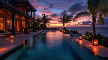 Obraz premium Relaxing evening at a stunning poolside with lanterns and ocean view during sunset
