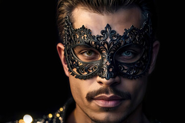 Black lace carnival mask on a young man with a mustache