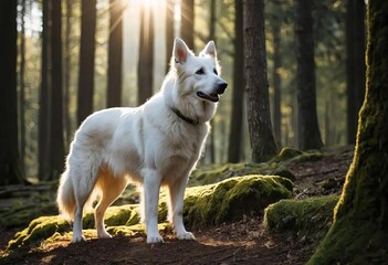 Obraz premium A white Swiss shepherd standing in a forest with sunlight shining through the trees