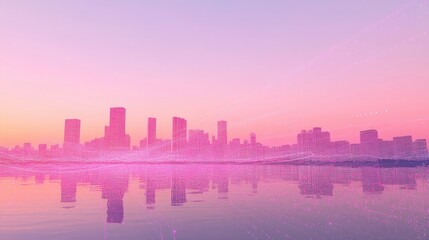 Fototapeta premium Scenic view of a city skyline reflected in a tranquil body of water under a pink and purple sky.