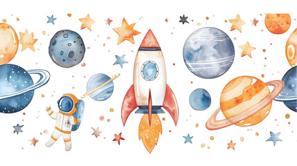 watercolor seamless border with space rocket, planets and astronaut. cute drawing for children, cartoon. isolated on a transparent background