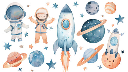 watercolor set with space rocket, planets and astronaut. cute drawing for children, cartoon. isolated on a transparent background