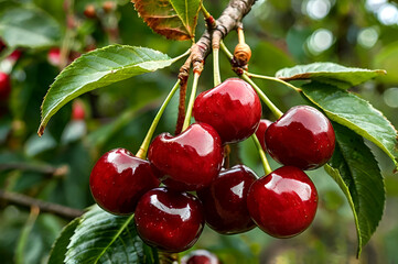 Ripe Red Cherries Hanging on a Tree Branch