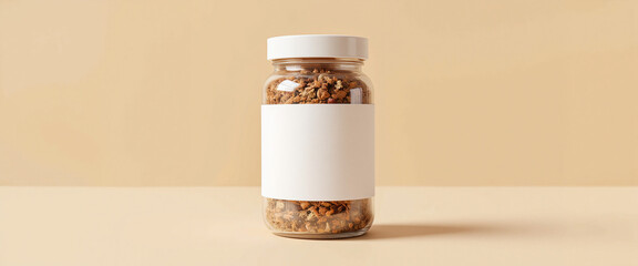 Jar Label Mockup, Glass jar filled with granola against beige background