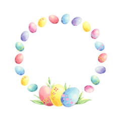 Watercolor easter round frame of colored eggs isolated on white background. Hand drawn spring wreath with fresh green leaves. Perfect for invitations and greeting cards