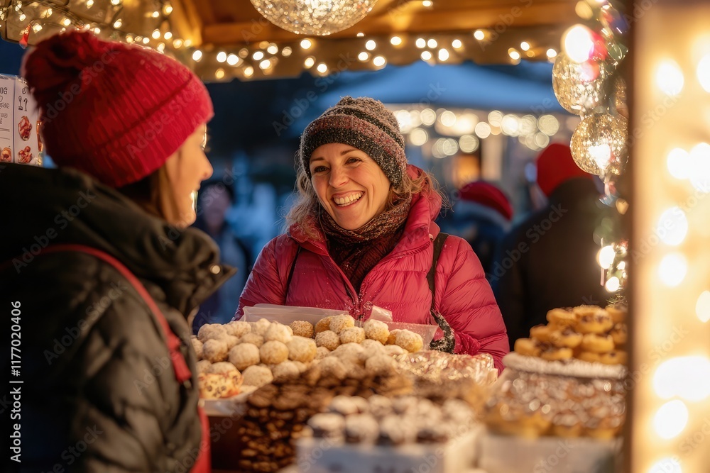 Wall mural Smiling friends indulging in sweet treats at a winter holiday market, creating joyful memories under sparkling festive lights.