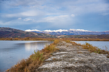 Landscape view of Salina nature park with flamingos near Ulcinj town in winter time in Montenegro