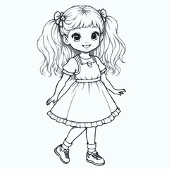 Cute girl with pigtails in a coloring book illustration