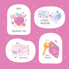 Obraz premium A set of Valentine's Day sticker icons: love letters, keys, a bird, and a heart on a pink background