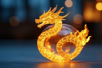 Obraz premium Glowing dragon sculpture with a fiery appearance and blurred background.