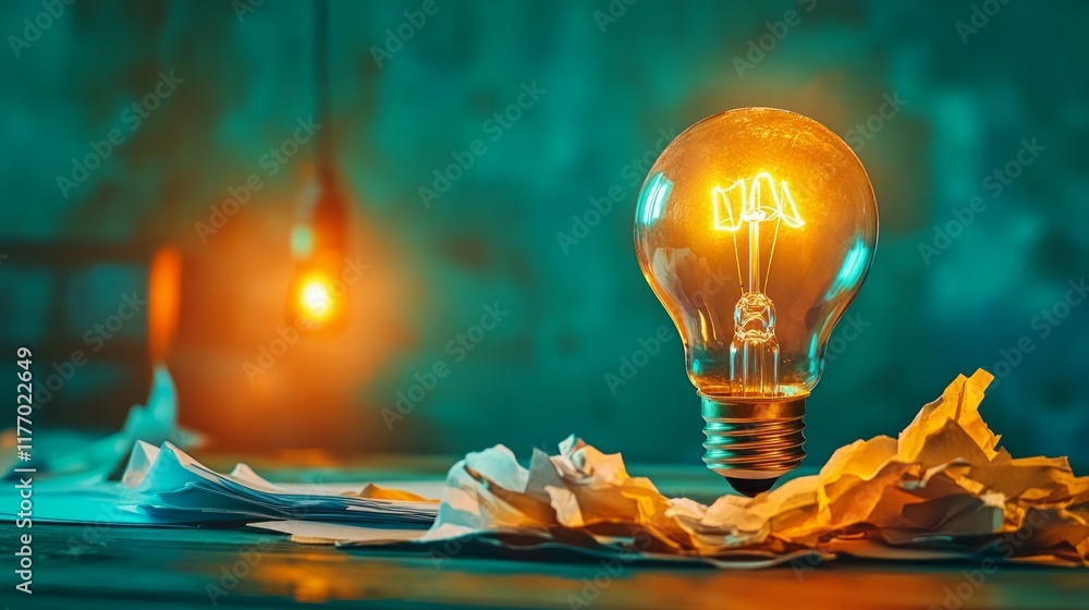Poster illuminated light bulb on crumpled paper in a moody setting.
