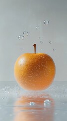 Fresh orange with water droplets, placed on a shiny reflective surface, showcasing freshness and vibrance in a minimalistic style.