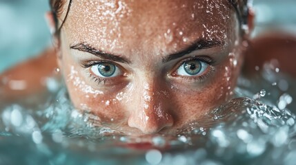A focused and intense look from a woman emerging partly from the water, showcasing determination and strength with a powerful presence amid the sparkling aquatic scene.