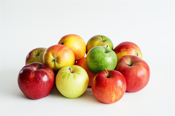 A small cluster of mixed apples in different colors, arranged neatly on a crisp white backdrop.