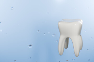 A shiny white tooth floats in water droplets, symbolizing dental health and hygiene. 3d rendering