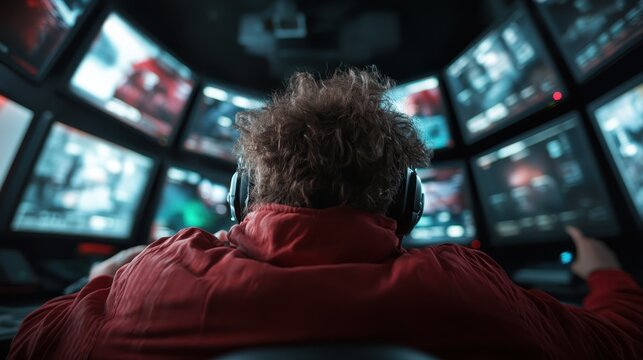 A focused individual in a red outfit operates an array of screens, symbolizing control, multitasking, and the vast landscape of technological monitoring.