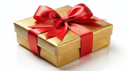 Vintage Golden Gift Box with Red Bow - Isolated White Background Stock Photo