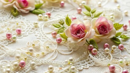 Vintage Lace with Delicate Flowers and Beads on White - Elegant Fabric Texture