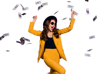 Portrait of her she nice lovely trendy cheerful rich wealthy wavy-haired lady winner currency...