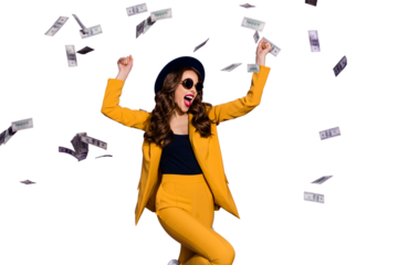 Portrait of her she nice lovely trendy cheerful rich wealthy wavy-haired lady winner currency flying 100 million budget winning isolated over bright vivid shine violet lilac background