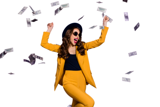 Portrait of her she nice lovely trendy cheerful rich wealthy wavy-haired lady winner currency flying 100 million budget winning isolated over bright vivid shine violet lilac background