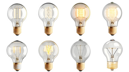 Set collection of transparent classic light bulb switched on and off white background. lighbulb energy idea business concept isolated on a transparent background