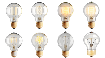 Set collection of transparent classic light bulb switched on and off white background. lighbulb energy idea business concept isolated on a transparent background