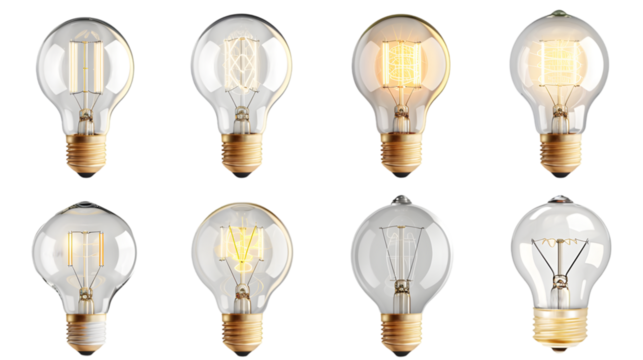 Set collection of transparent classic light bulb switched on and off white background. lighbulb energy idea business concept isolated on a transparent background