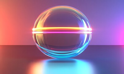 Glass sphere reflecting light with pink and blue highlights.