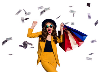Portrait of her she nice lovely cheerful cheery glad wavy-haired lady shopaholic carrying bags...