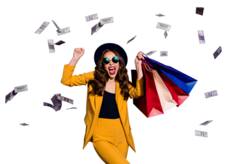 Portrait of her she nice lovely cheerful cheery glad wavy-haired lady shopaholic carrying bags flying 100 million budget salary success isolated over bright vivid shine violet lilac background