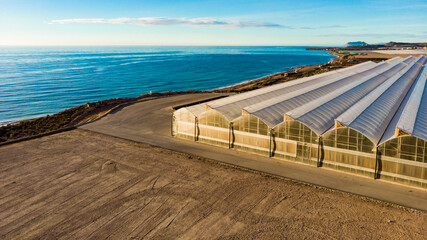 Obraz premium Aerial view. Commercial greenhouses on coast, Spain.
