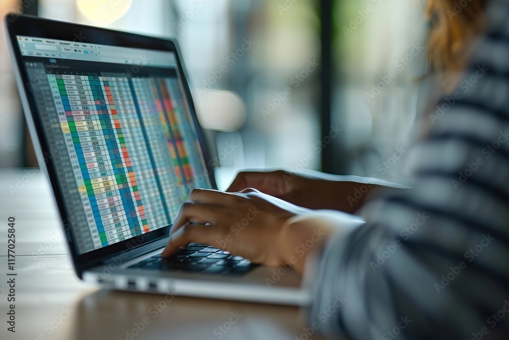 Poster using spreadsheet software to analyze data on laptop screen