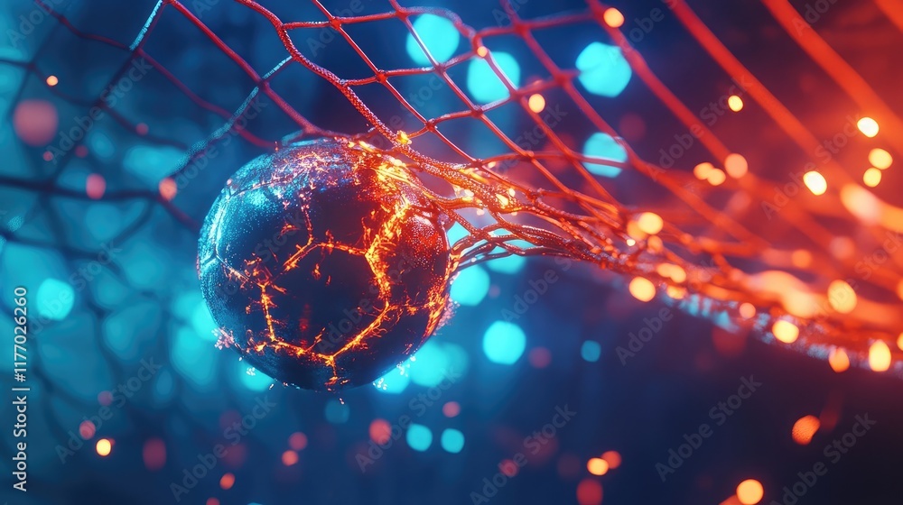 Poster soccer ball bending the net as it enters the goal, 3d render. dynamic action scene with lights and e