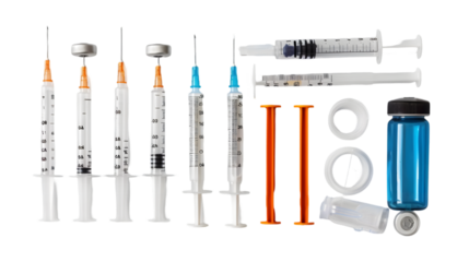 Set of insulin syringes, needle, cap on a blank isolated on a transparent background