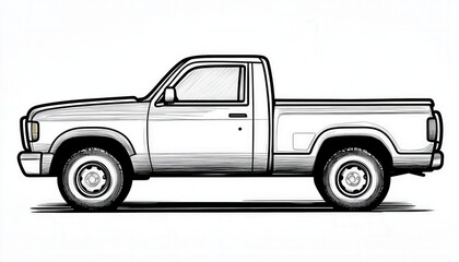 A classic single-cab pickup truck drawing. Ideal for coloring pages, car enthusiast designs, or vintage-themed projects.