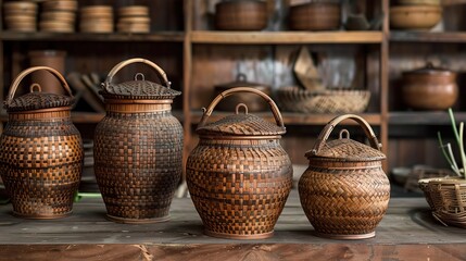A set of elegant, medium-sized beseks with lids and handles, polished bamboo. Filled with local handicrafts, displayed in a rustic shop with wooden shelves