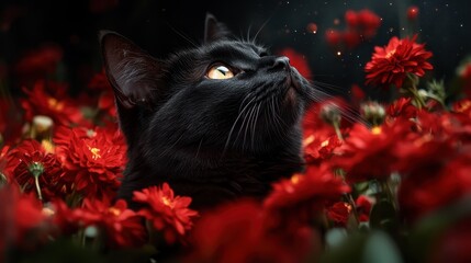 A black cat is enveloped in a field of blooming red flowers during nighttime, watching the stars above, capturing the essence of nighttime wilderness beauty.