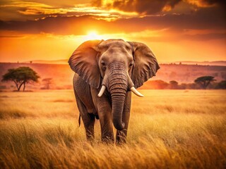 Obraz premium Vintage Serengeti Elephant: Majestic African Bull in Tanzania's Plains