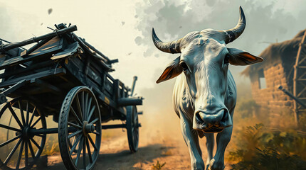 Fototapeta premium A majestic white bull with long, curved horns stands on a dirt road at dawn or dusk, with a wooden cart behind it. Warm colors of orange and yellow sky, rustic village, and tranquil atmosphere .
